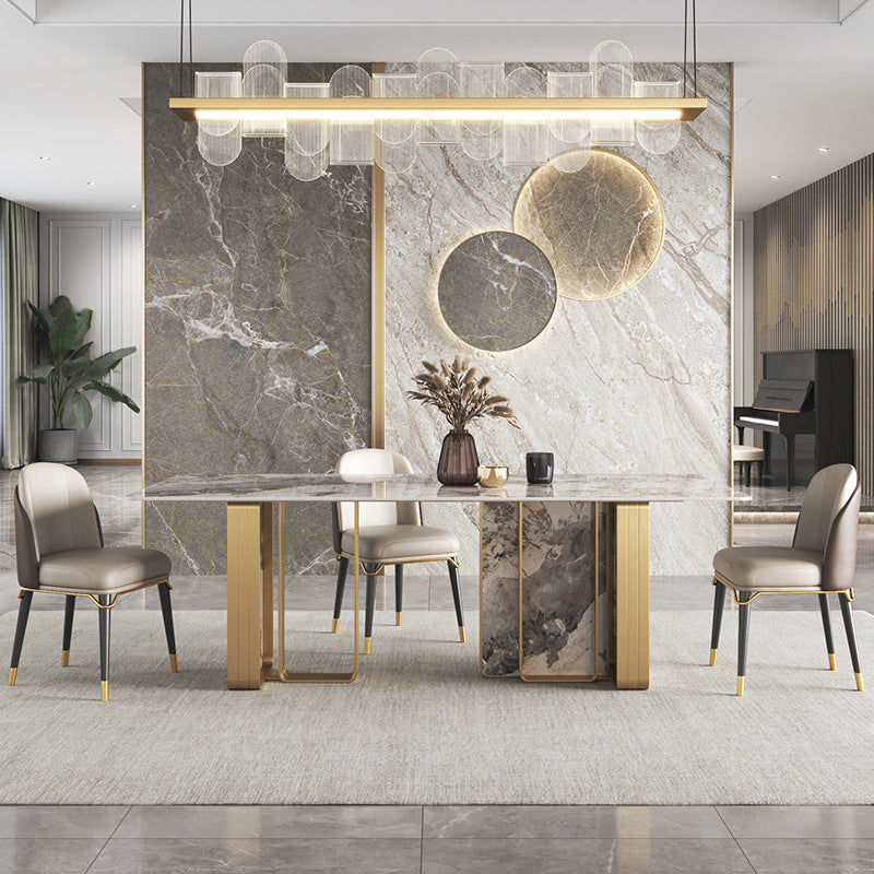 Nordic Glam Rectangle Sintered Stone Table Set 1/4/5/6/8 Pieces Dining Set 4 Pieces: Table, 3 Chairs Clearhalo 'Dining Room Sets' 'Dining Tables & Seating' 'dining_room_set' 'furn' 'furn_dining_room_set' 'Furniture' 'Kitchen & Dining Furniture' 5778458