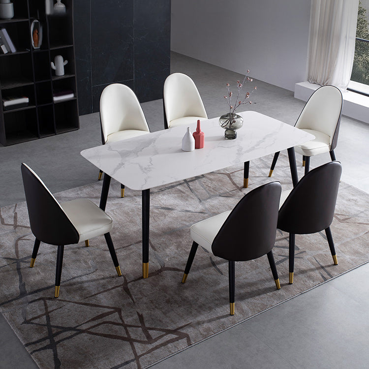 Contemporary Dining Set 1/2/5/7 Pcs White Stone Top Table with Faux Leather Chairs 7 Pieces: Table, 6 Chairs Clearhalo 'Dining Room Sets' 'Dining Tables & Seating' 'dining_room_set' 'furn' 'furn_dining_room_set' 'Furniture' 'Kitchen & Dining Furniture' 5778491