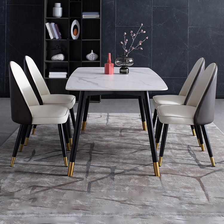 Contemporary Dining Set 1/2/5/7 Pcs White Stone Top Table with Faux Leather Chairs 5 Pieces: Table, 4 Chairs Clearhalo 'Dining Room Sets' 'Dining Tables & Seating' 'dining_room_set' 'furn' 'furn_dining_room_set' 'Furniture' 'Kitchen & Dining Furniture' 5778493