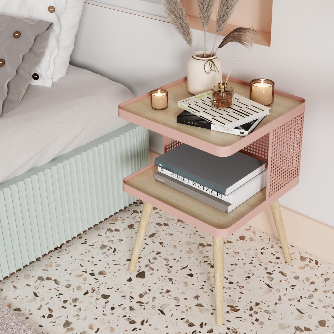 20 "hアクセントテーブルナイトスタンドパールウッドとメタルナイトテーブル下棚