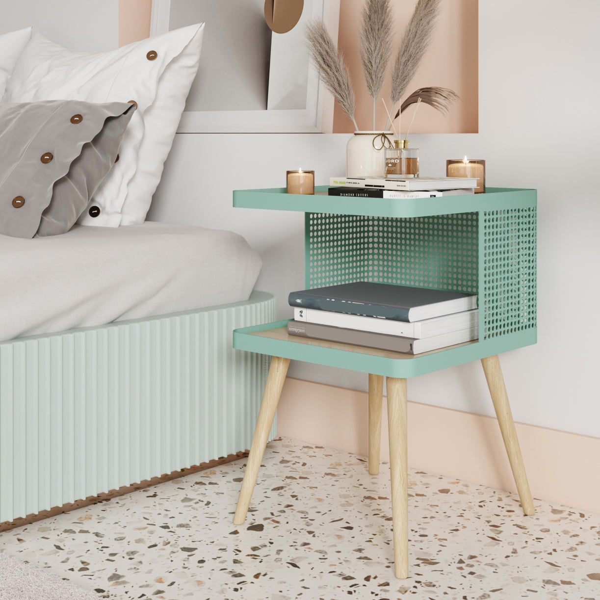 Tavolo da 20 "H Accento Night Standle in legno di perle e tavolo da notte in metallo scaffale inferiore