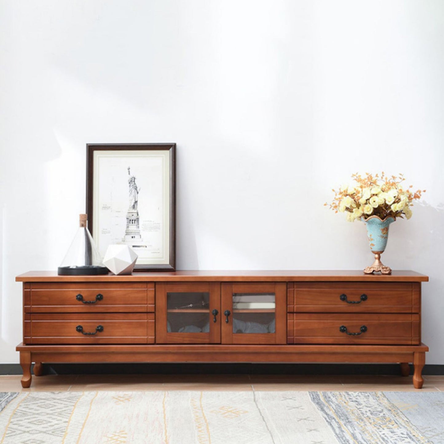 Traditioneel massief houten tv-meubel, 19,7 inch H tv-console met 4 lades en kast