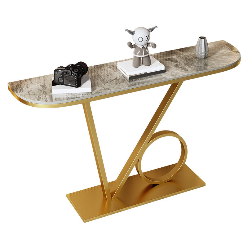 Tavolino con console superiore in pietra mezzaluna con tavolo di accento di base del piedistallo di ferro