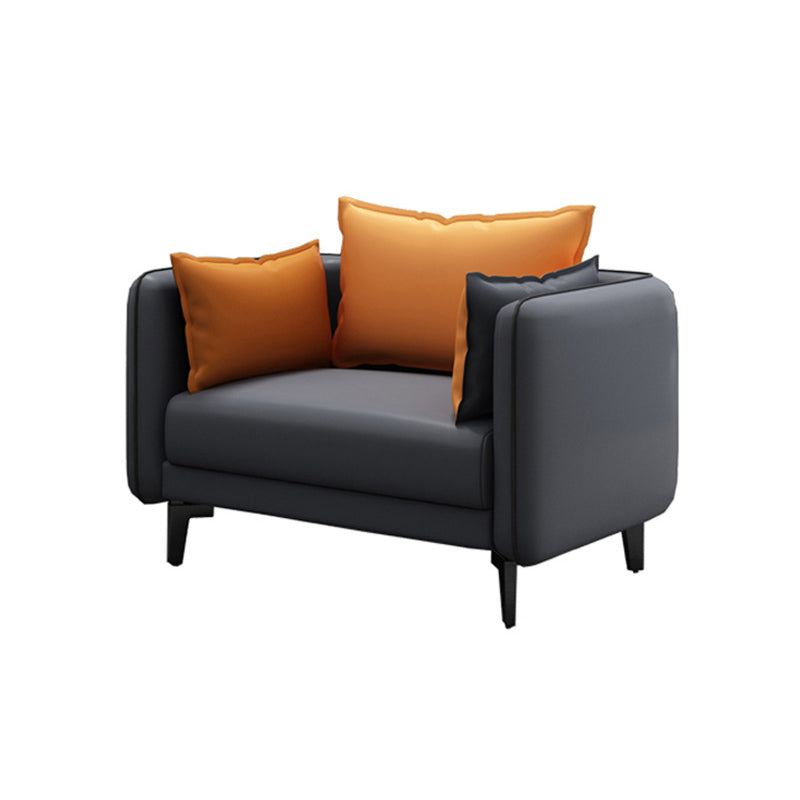 Square Arm Faux Leather Standard Sofa Couch with Pillows in Dark Gray