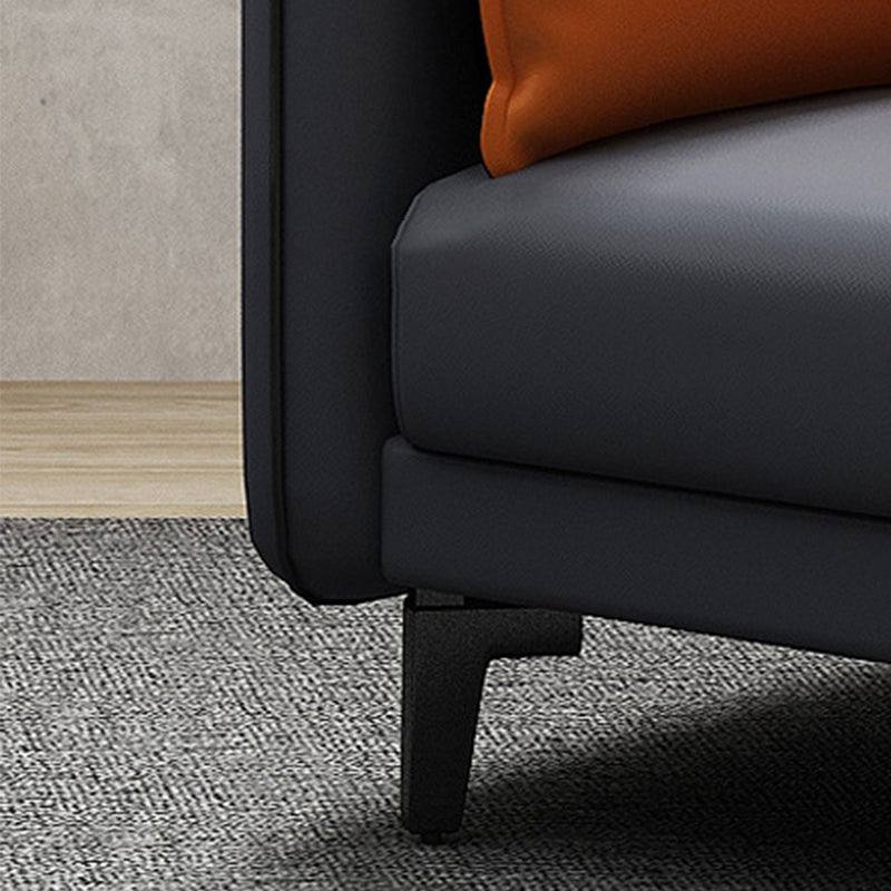 Square Arm Faux Leather Standard Sofa Couch with Pillows in Dark Gray