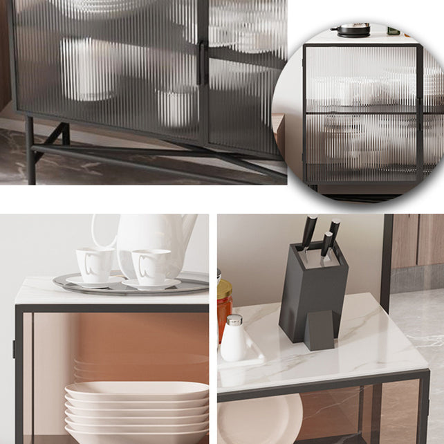 Modern Black Iron Sideboard Glass Door Dining Server with Stone Countertop for Living Room Clearhalo 'buffet_sideboard' 'Buffets & Sideboards' 'furn' 'furn_buffet_sideboard' 'Furniture' 'Kitchen & Dining Furniture' 5785251
