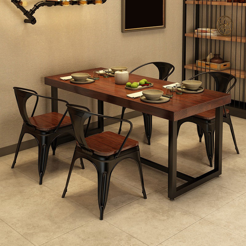 Rectangle Industrial Brown Dining Table Solid Wood and Metal Trestle Base Dining Table 63"L x 27.6"W x 29.5"H Without Chairs Clearhalo 'Dining Tables & Seating' 'Dining Tables' 'dining_table' 'furn' 'furn_dining_table' 'Furniture' 'Kitchen & Dining Furniture' 5785596