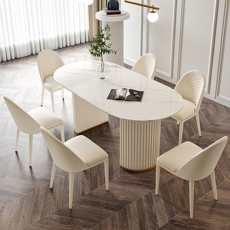 Contemporary Oval Dining Table Sintered Stone Top Double Pedestal Table White 55.1"L x 31.5"W x 29.5"H Without Chairs Clearhalo 'Dining Tables & Seating' 'Dining Tables' 'dining_table' 'furn' 'furn_dining_table' 'Furniture' 'Kitchen & Dining Furniture' 5785696