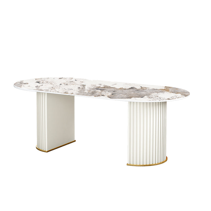 Contemporary Oval Dining Table Sintered Stone Top Double Pedestal Table Pandora Gold Without Chairs Clearhalo 'Dining Tables & Seating' 'Dining Tables' 'dining_table' 'furn' 'furn_dining_table' 'Furniture' 'Kitchen & Dining Furniture' 5785697