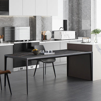 Tavolo da pranzo industriale a 4 gambe in pietra nera e sito da pranzo in metallo