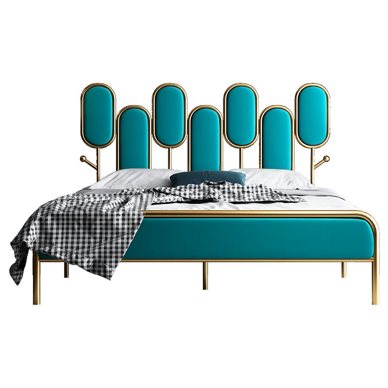 Upholstered Standard Bed Iron Bed Frame with Headboard and Metal Legs