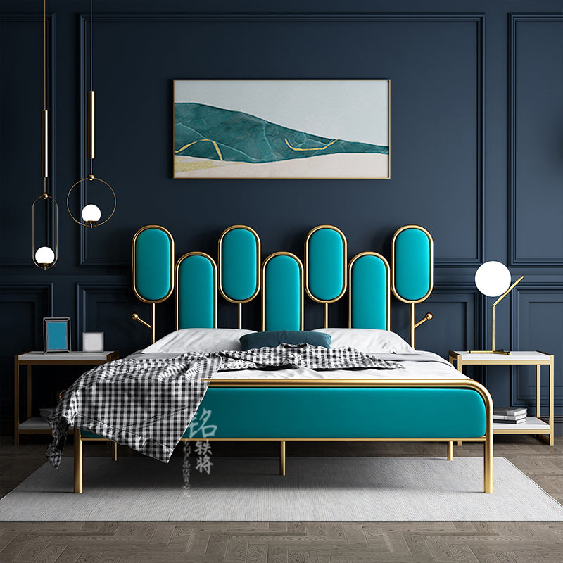 Upholstered Standard Bed Iron Bed Frame with Headboard and Metal Legs