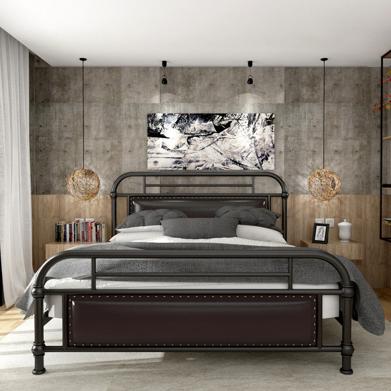 Industrial Nailhead Upholstered Bed Frame Metal 43.3" Tall Bed Black Clearhalo 'Bedroom Furniture' 'Beds' 'furn' 'furn_beds' 'Furniture' 5792224