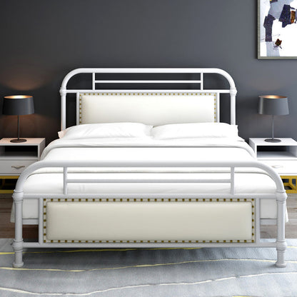 Industrial Nailhead Upholstered Bed Frame Metal 43.3" Tall Bed White Clearhalo 'Bedroom Furniture' 'Beds' 'furn' 'furn_beds' 'Furniture' 5792226