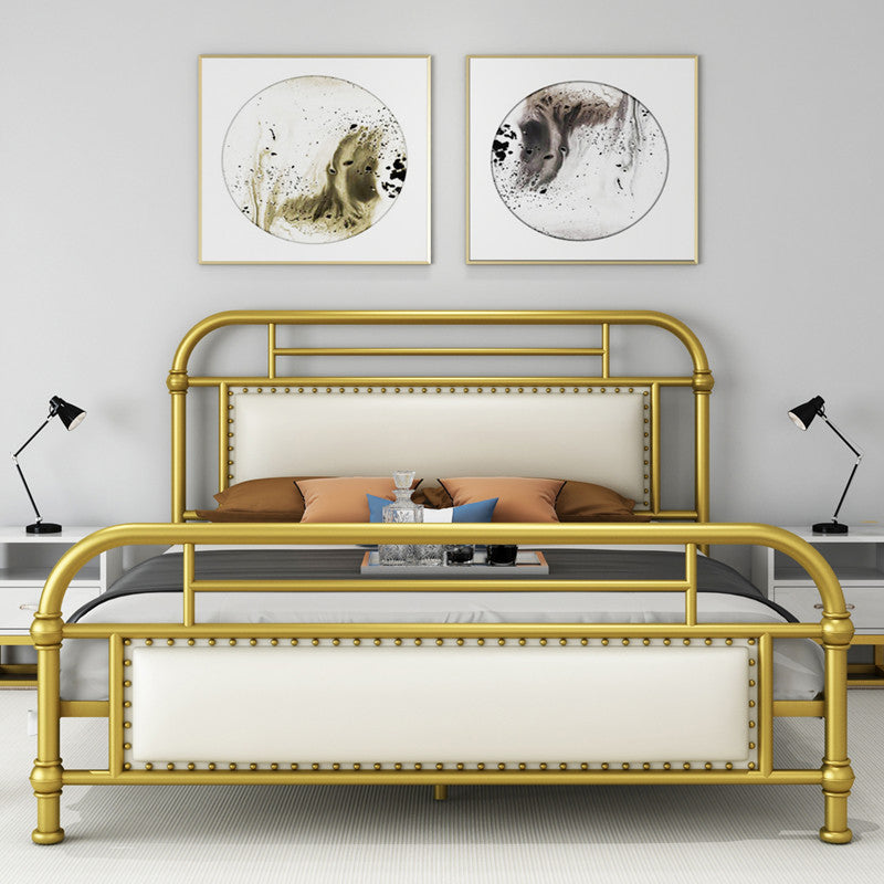 Industrial Nailhead Upholstered Bed Frame Metal 43.3" Tall Bed Gold Clearhalo 'Bedroom Furniture' 'Beds' 'furn' 'furn_beds' 'Furniture' 5792227