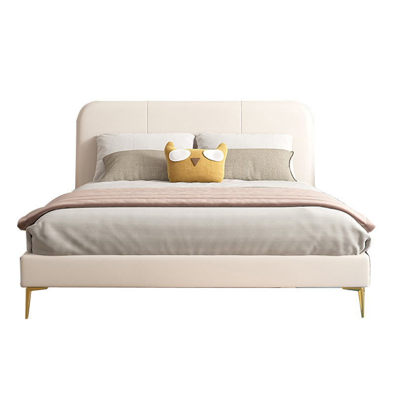 Glam Genuine Leather Bed Frame White Upholstered Low Profile Standard Bed