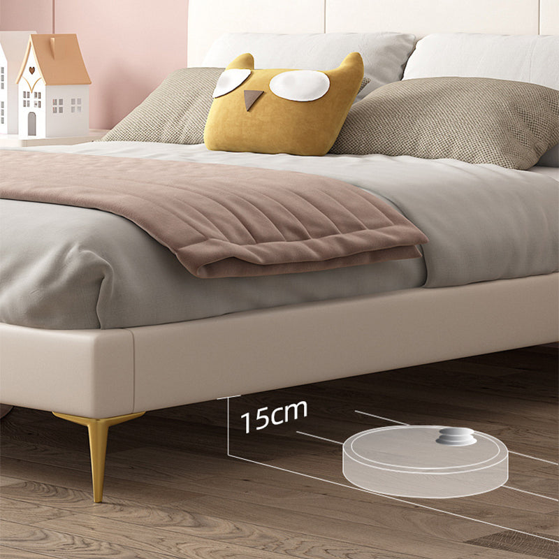 Glam Genuine Leather Bed Frame White Upholstered Low Profile Standard Bed