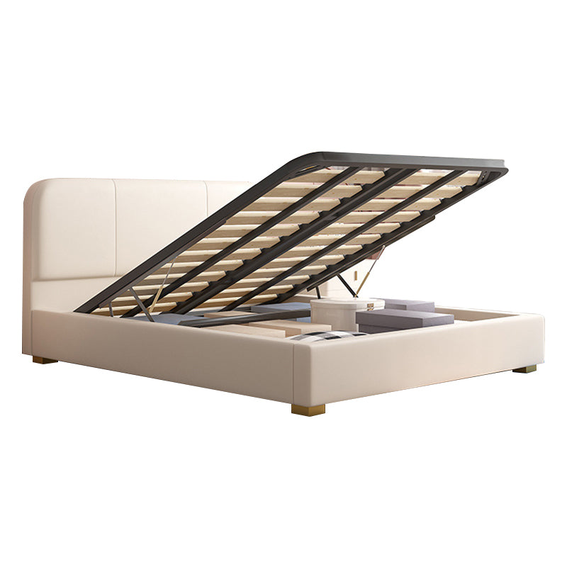 Glam Genuine Leather Bed Frame White Upholstered Low Profile Standard Bed