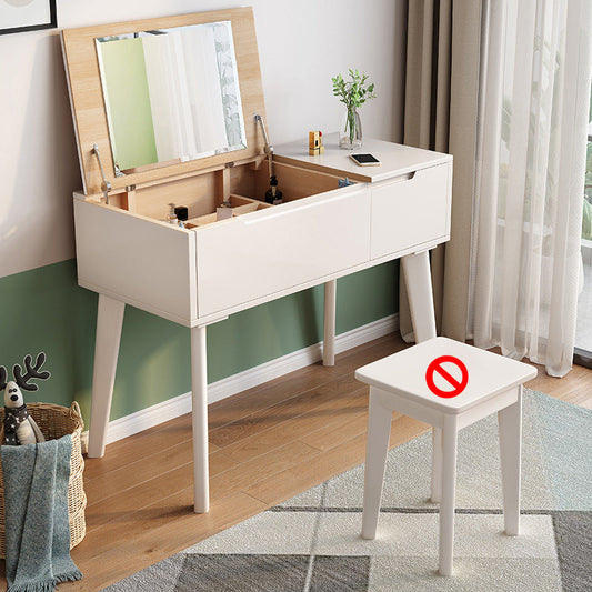Solid Wood Mirrored Vanity and Stool Scandinavian Dressing Table Makeup Vanity White