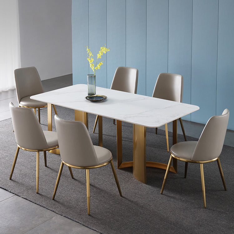 Glam White and Gold Dinette Set 1/4/5/7 Pieces Double Pedestal Dining Table Set 7 Pieces: Table, 6 Chairs Clearhalo 'Dining Room Sets' 'Dining Tables & Seating' 'dining_room_set' 'furn' 'furn_dining_room_set' 'Furniture' 'Kitchen & Dining Furniture' 5796333