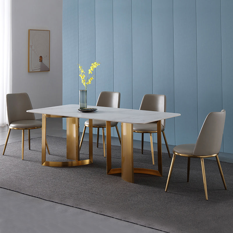 Glam White and Gold Dinette Set 1/4/5/7 Pieces Double Pedestal Dining Table Set 5 Pieces: Table, 4 Chairs Clearhalo 'Dining Room Sets' 'Dining Tables & Seating' 'dining_room_set' 'furn' 'furn_dining_room_set' 'Furniture' 'Kitchen & Dining Furniture' 5796335