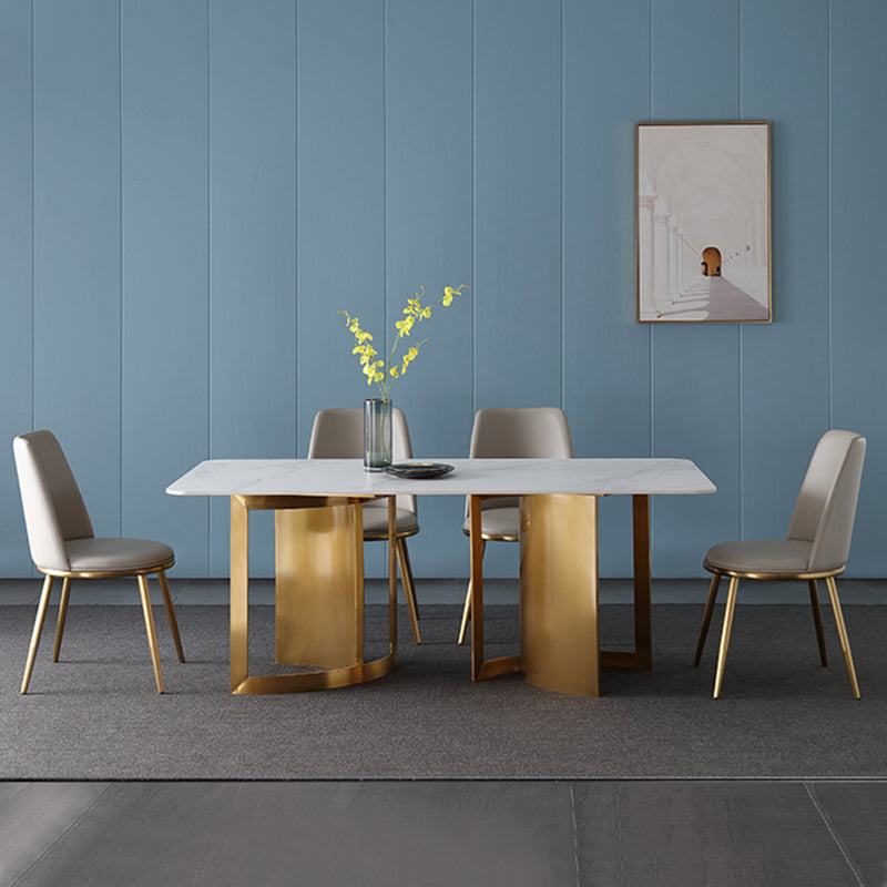Glam White and Gold Dinette Set 1/4/5/7 Pieces Double Pedestal Dining Table Set Clearhalo 'Dining Room Sets' 'Dining Tables & Seating' 'dining_room_set' 'furn' 'furn_dining_room_set' 'Furniture' 'Kitchen & Dining Furniture' 5796336