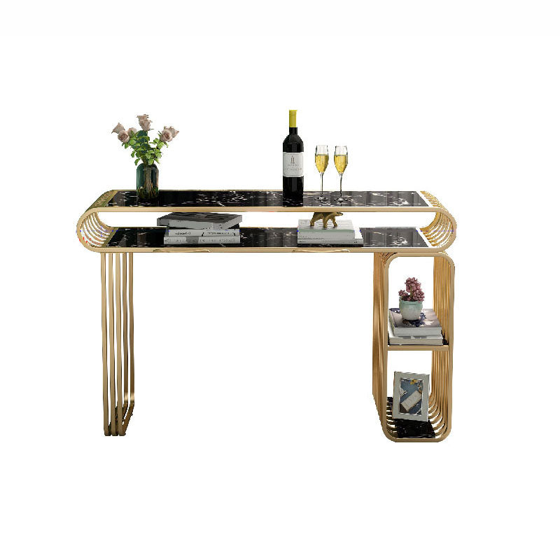 Luxurious Rectangular Pub Table Set 1/3 Pieces Stone Top Counter Table with High Stools Black 55"L x 16"W Clearhalo 'Bar Furniture' 'furn' 'furn_home_bar_bar_sets' 'Furniture' 'Home Bars & Bar Sets' 'home_bar_bar_sets' 'Kitchen & Dining Furniture' 5797556