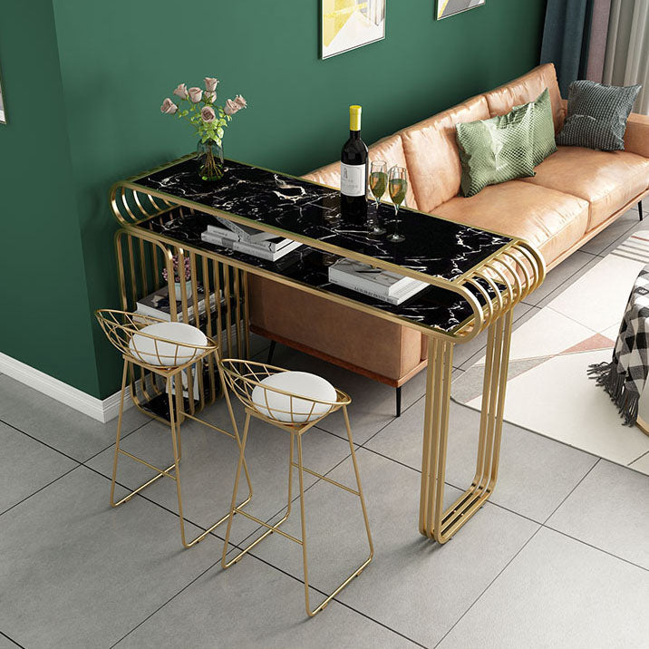 Luxurious Rectangular Pub Table Set 1/3 Pieces Stone Top Counter Table with High Stools 3 Pieces: Black Table, 2 Gold Stools Clearhalo 'Bar Furniture' 'furn' 'furn_home_bar_bar_sets' 'Furniture' 'Home Bars & Bar Sets' 'home_bar_bar_sets' 'Kitchen & Dining Furniture' 5797559
