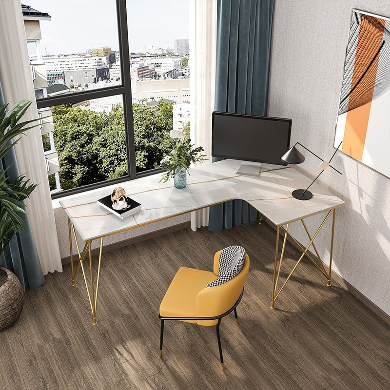 L-Shape Modern Style Office Desk Marble and Metal Writing Desk in White and Gold 47.2"L x 31.5"W x 29.5"H Clearhalo 'furn' 'furn_office_desk' 'Furniture' 'Office Desks' 'Office Furniture' 'office_desk' 5799952