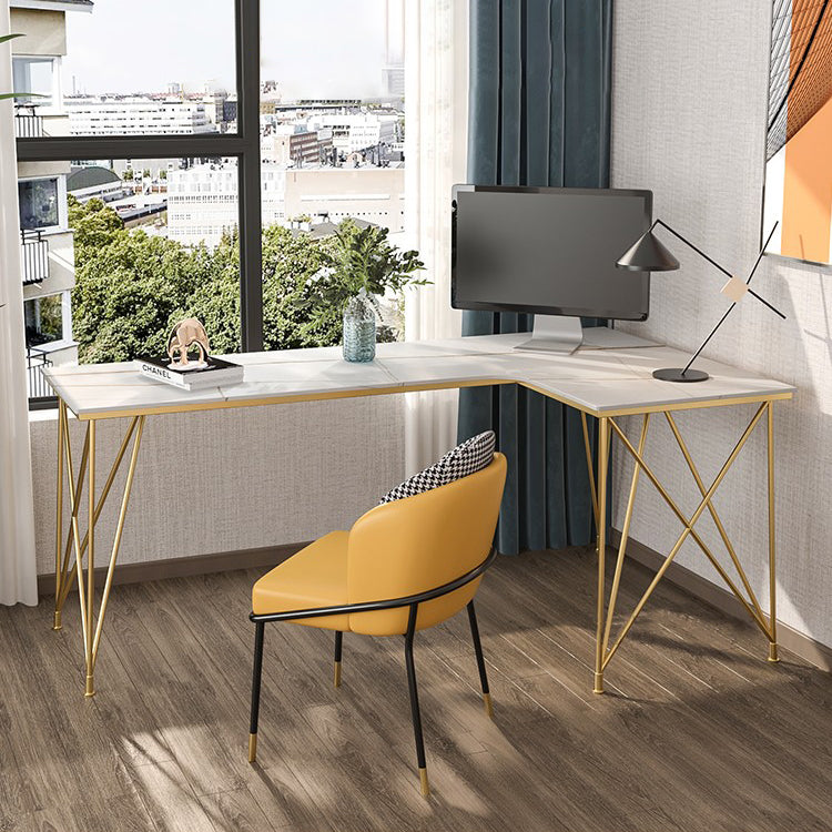 L-Shape Modern Style Office Desk Marble and Metal Writing Desk in White and Gold 55.1"L x 35.4"W x 29.5"H Clearhalo 'furn' 'furn_office_desk' 'Furniture' 'Office Desks' 'Office Furniture' 'office_desk' 5799953