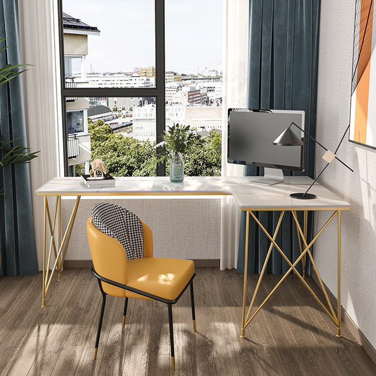L-Shape Modern Style Office Desk Marble and Metal Writing Desk in White and Gold Clearhalo 'furn' 'furn_office_desk' 'Furniture' 'Office Desks' 'Office Furniture' 'office_desk' 5799954