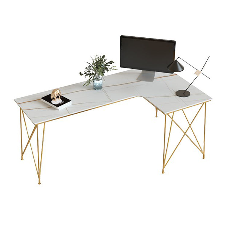 L-Shape Modern Style Office Desk Marble and Metal Writing Desk in White and Gold Clearhalo 'furn' 'furn_office_desk' 'Furniture' 'Office Desks' 'Office Furniture' 'office_desk' 5799955