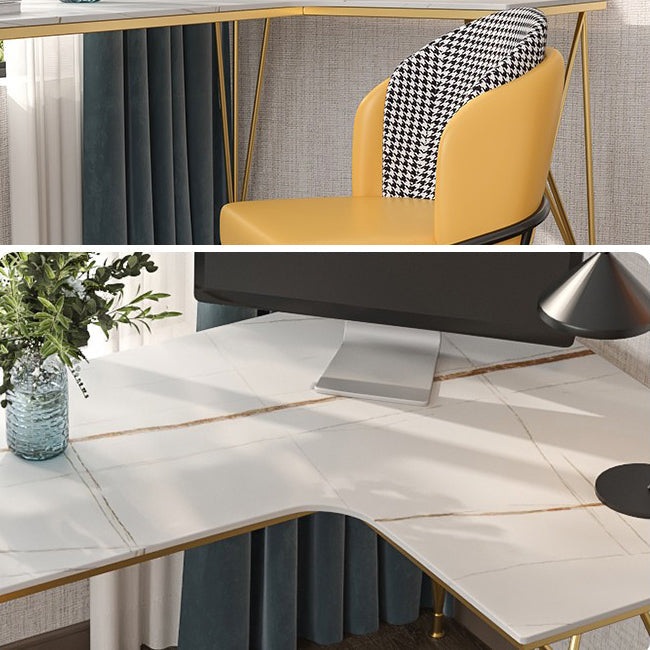 L-Shape Modern Style Office Desk Marble and Metal Writing Desk in White and Gold Clearhalo 'furn' 'furn_office_desk' 'Furniture' 'Office Desks' 'Office Furniture' 'office_desk' 5799958
