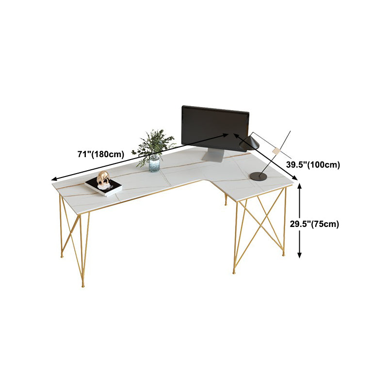 L-Shape Modern Style Office Desk Marble and Metal Writing Desk in White and Gold Clearhalo 'furn' 'furn_office_desk' 'Furniture' 'Office Desks' 'Office Furniture' 'office_desk' 5799961