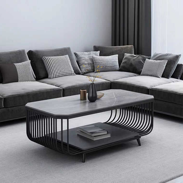 17.7" H Glam Rectangle Slate Coffee Table Iron 4 Legs Cocktail Table with Shelf Clearhalo 'Coffee & Accent Tables' 'Coffee Tables' 'coffee_tables' 'furn' 'furn_coffee_tables' 'Furniture' 'Living Room Furniture' 5803001