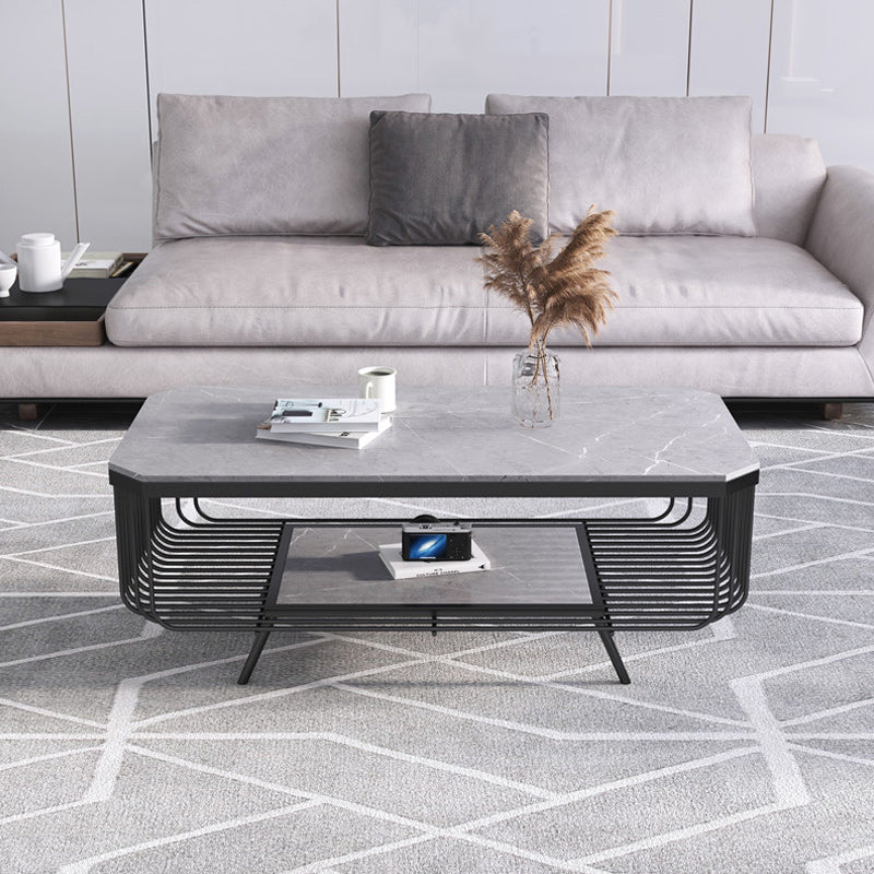 17.7" H Glam Rectangle Slate Coffee Table Iron 4 Legs Cocktail Table with Shelf Black Gray Clearhalo 'Coffee & Accent Tables' 'Coffee Tables' 'coffee_tables' 'furn' 'furn_coffee_tables' 'Furniture' 'Living Room Furniture' 5803002