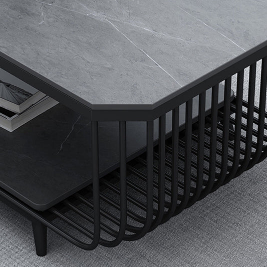 17.7" H Glam Rectangle Slate Coffee Table Iron 4 Legs Cocktail Table with Shelf