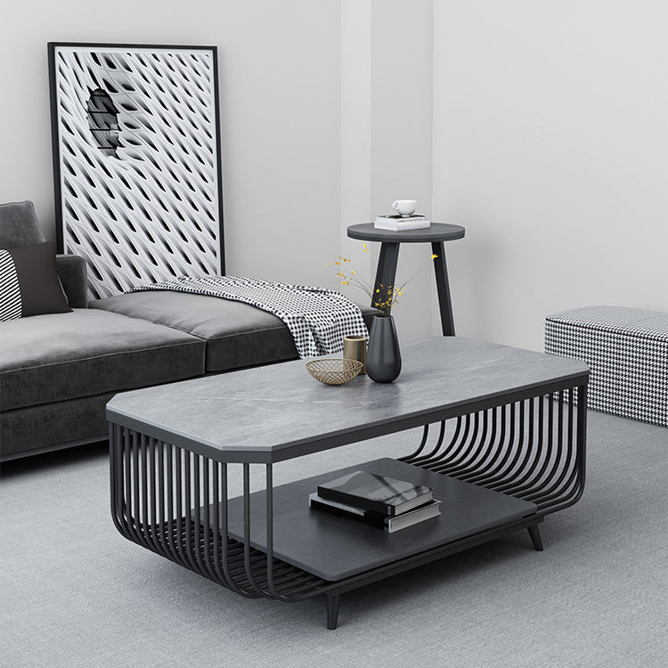 17.7" H Glam Rectangle Slate Coffee Table Iron 4 Legs Cocktail Table with Shelf Clearhalo 'Coffee & Accent Tables' 'Coffee Tables' 'coffee_tables' 'furn' 'furn_coffee_tables' 'Furniture' 'Living Room Furniture' 5803008