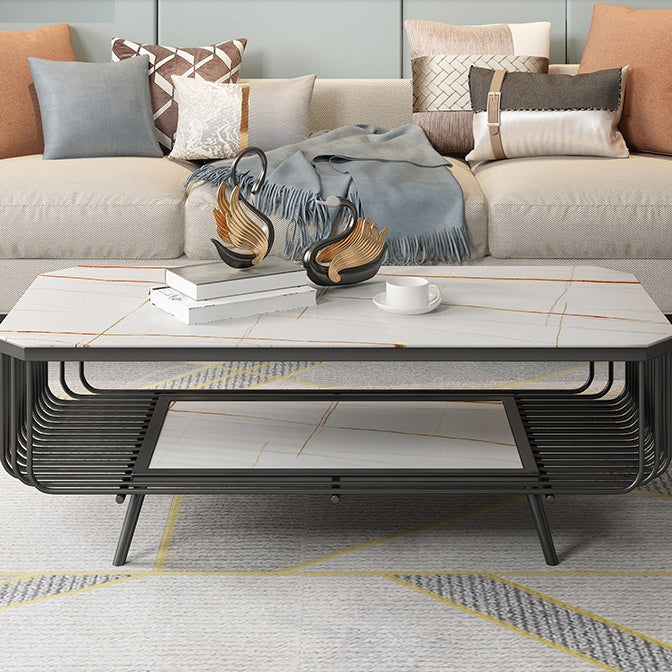 17.7" H Glam Rectangle Slate Coffee Table Iron 4 Legs Cocktail Table with Shelf Black-White Clearhalo 'Coffee & Accent Tables' 'Coffee Tables' 'coffee_tables' 'furn' 'furn_coffee_tables' 'Furniture' 'Living Room Furniture' 5803010