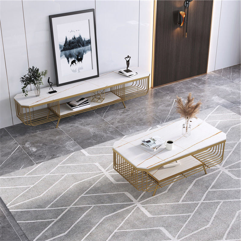 17.7" H Glam Rectangle Slate Coffee Table Iron 4 Legs Cocktail Table with Shelf Clearhalo 'Coffee & Accent Tables' 'Coffee Tables' 'coffee_tables' 'furn' 'furn_coffee_tables' 'Furniture' 'Living Room Furniture' 5803012