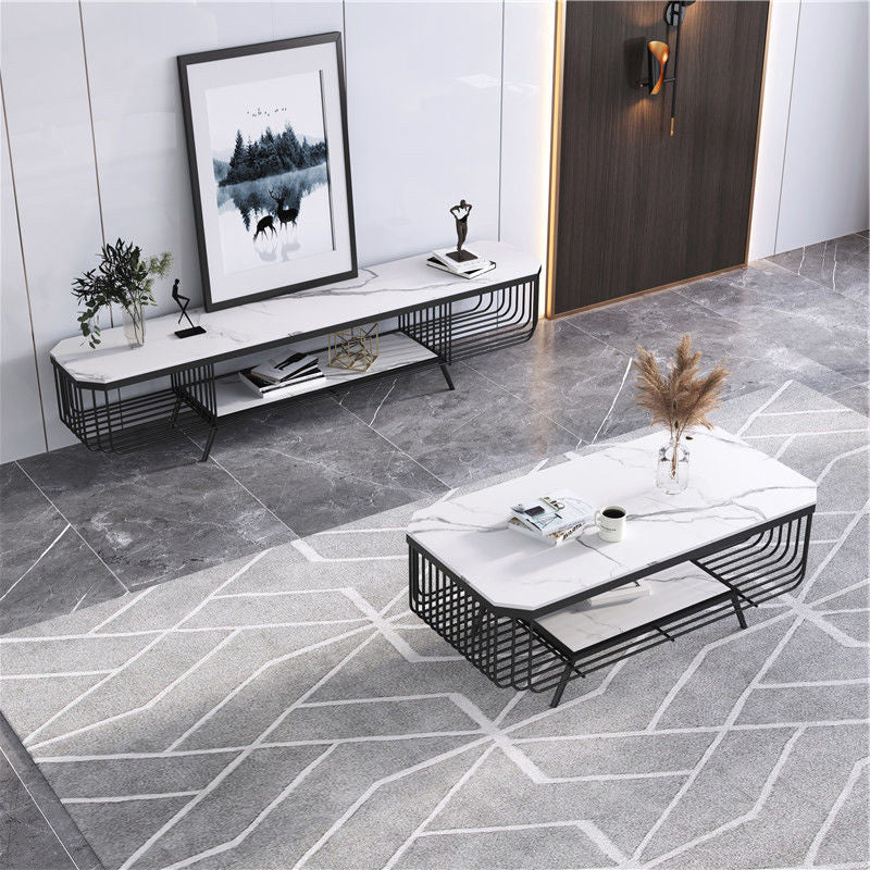 17.7" H Glam Rectangle Slate Coffee Table Iron 4 Legs Cocktail Table with Shelf Clearhalo 'Coffee & Accent Tables' 'Coffee Tables' 'coffee_tables' 'furn' 'furn_coffee_tables' 'Furniture' 'Living Room Furniture' 5803013