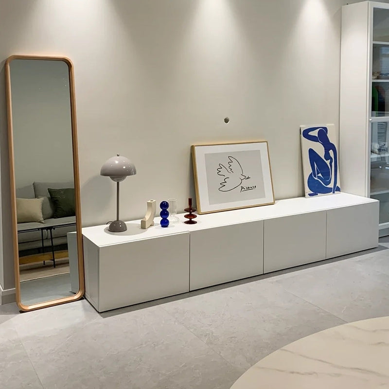 Nordischer weißer TV-Schrank, modernes, einfaches Wohnzimmer, minimalistischer Boden-TV-Schrank