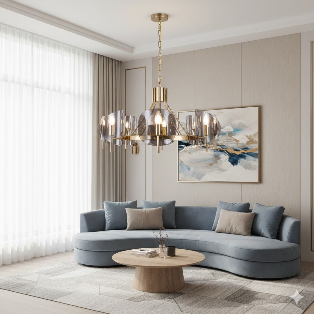 Curved Sheet Chandelier Lamp Mid-Century Clear Glass 6/8-Bulb Gold Hanging Light Fixture with Open Bulb Design Clearhalo 'Ceiling Lights' 'Chandeliers' 'Close To Ceiling Lights' 'Glass shade' 'Glass' 'Modern Chandeliers' 'Modern' Lighting' 58043A32-A6AE-4830-82F4-ABA7D1F0941B