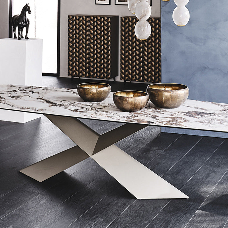 Modern Gray Stone Top Table Metal Base Rectangle Dining Table for Kitchen