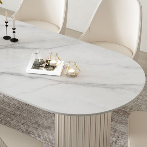 Glam White Sintered Stone Dining Table Set Oval 1/2/5/7 Pieces Dining Set for Home Use Clearhalo 'Dining Room Sets' 'Dining Tables & Seating' 'dining_room_set' 'furn' 'furn_dining_room_set' 'Furniture' 'Kitchen & Dining Furniture' 5807274