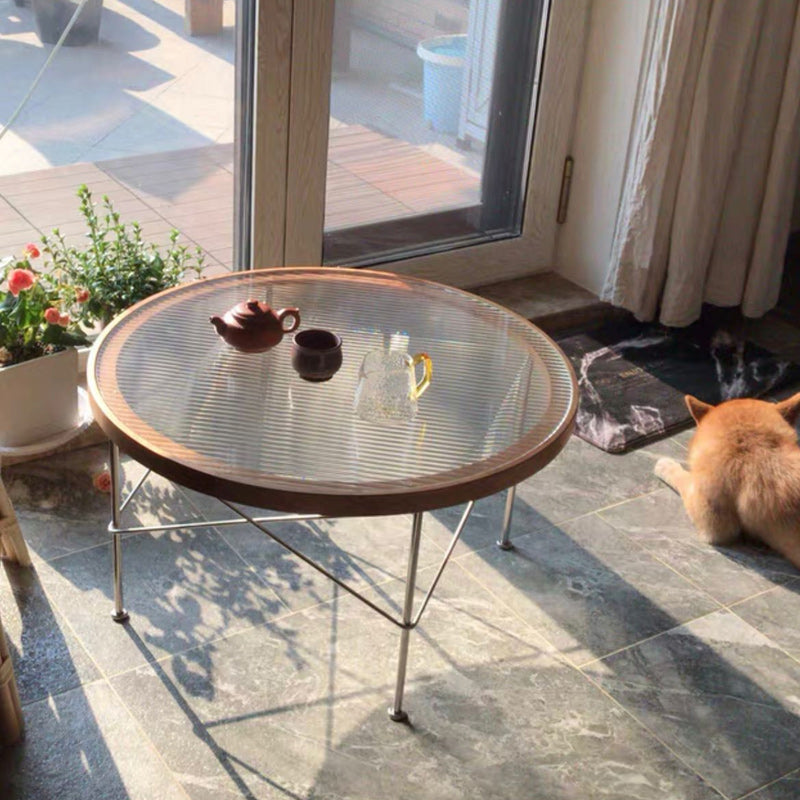 Modern Cross Legs Coffee Table Round Glass Top Coffee Cocktail Table for Living Room Walnut Clearhalo 'Coffee & Accent Tables' 'Coffee Tables' 'coffee_tables' 'furn' 'furn_coffee_tables' 'Furniture' 'Living Room Furniture' 5809091