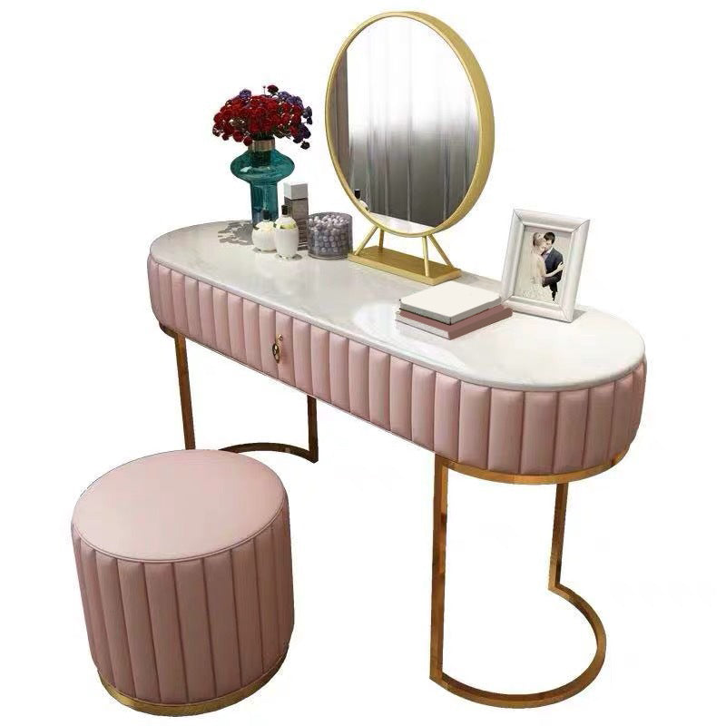1-Drawer Makeup Vanity Table with Mirror & Stool Luxurious Stone/Leather Dresser Clearhalo 'Bedroom Furniture' 'furn' 'furn_makeup_vanities' 'Furniture' 'Makeup Vanities' 'makeup_vanities' 5809829