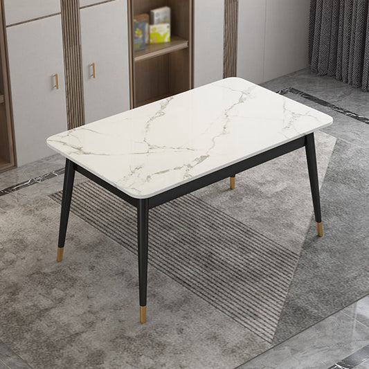 Modern White Stone Top Table Rectangle Dining Table for Kitchen Black Without Chairs