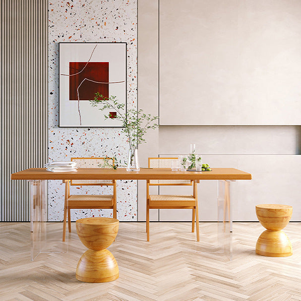 Acrylic Modern Rectangle Dining Table Pine Wood Top Table with Double Pedestal