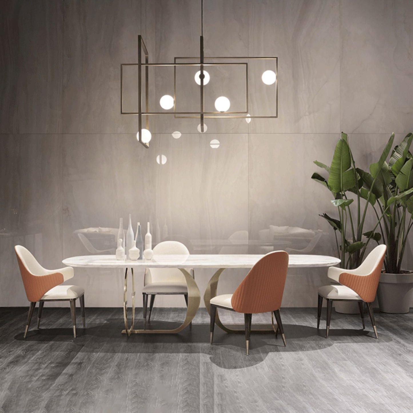 Nordic Glam Style Rectangle Sintered Stone Table Set 1/4/5/7 Pieces Dining Set 5 Pieces: Table, 4 Orange Chairs Clearhalo 'Dining Room Sets' 'Dining Tables & Seating' 'dining_room_set' 'furn' 'furn_dining_room_set' 'Furniture' 'Kitchen & Dining Furniture' 5812206